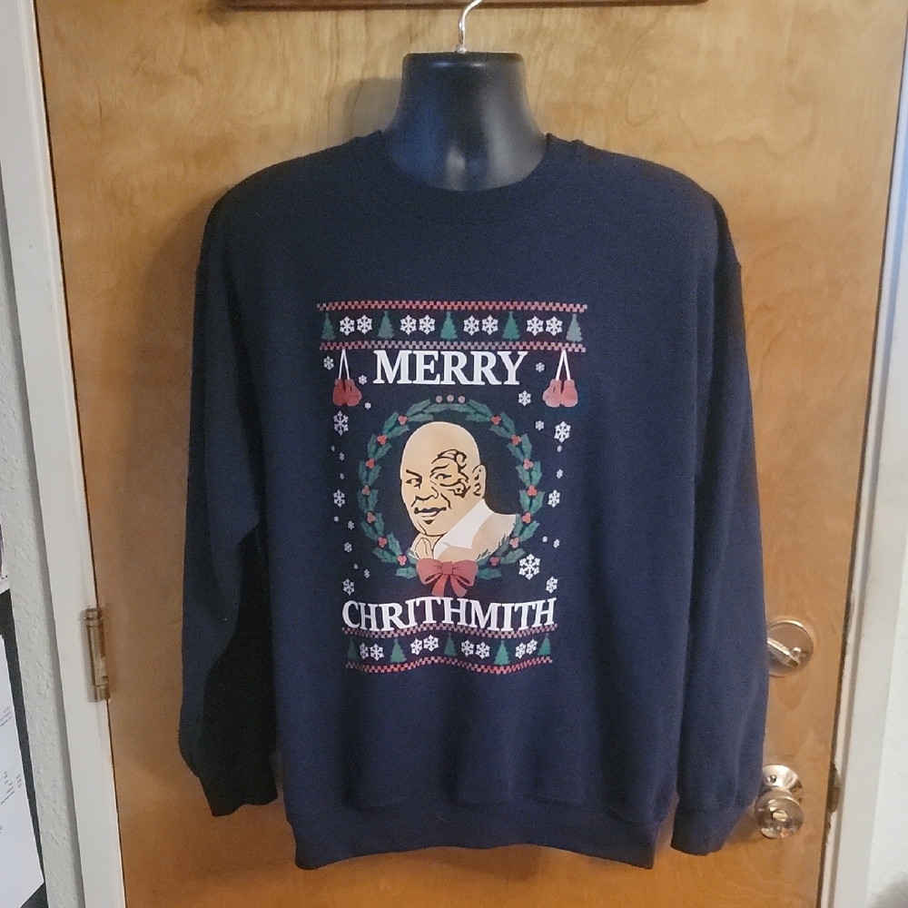 MIKE TYSON Merry Chrithmith SWEATSHIRT Mens L Christmas Holiday Ugly